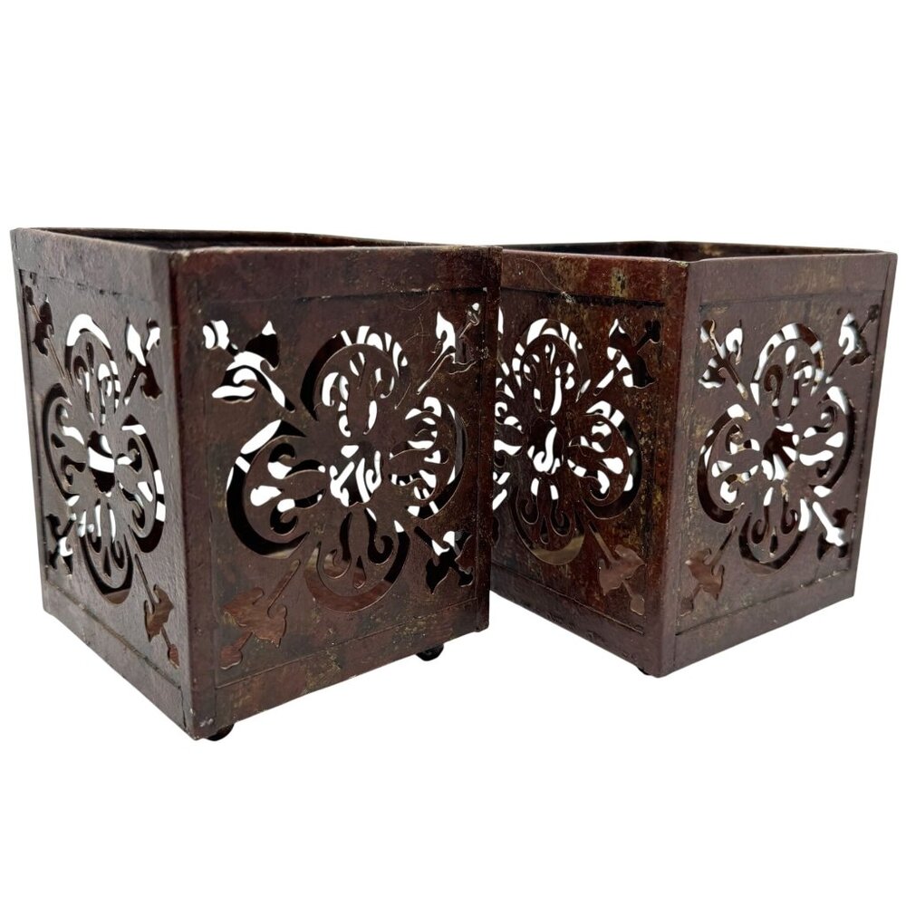 Pier 1 Imports Set Of 2 Candle Holders Decorative Rust Finish Metal Box Vintage